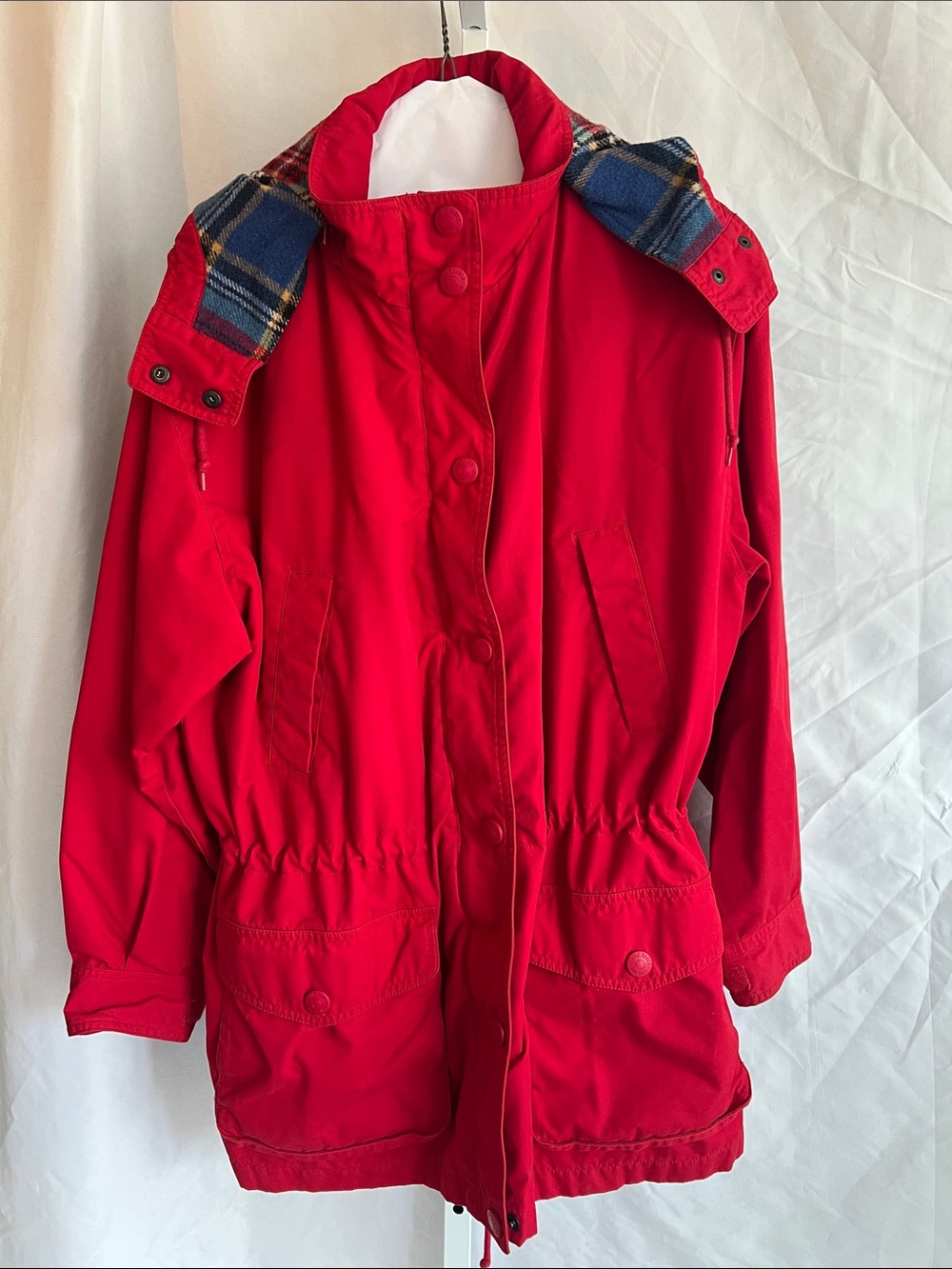 Red Hooded Parka Jacket - Plaid Trim Eddie Bauer Vintage